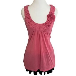 Rose Accent‎ Tank Top Sleeveless Ruffle Neckline Pink Casual